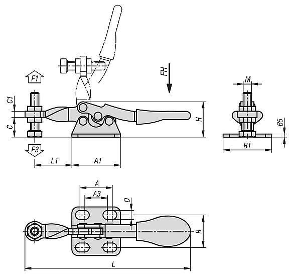 Minischnellspanner horizontal mit waagrechtem Fuß und fester Andruckspindel