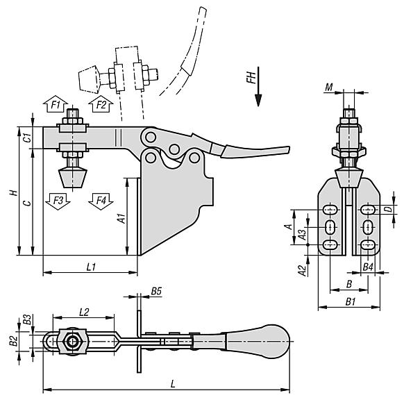 Toggle clamp horizontal with angled foot and adjustable clamping spindle